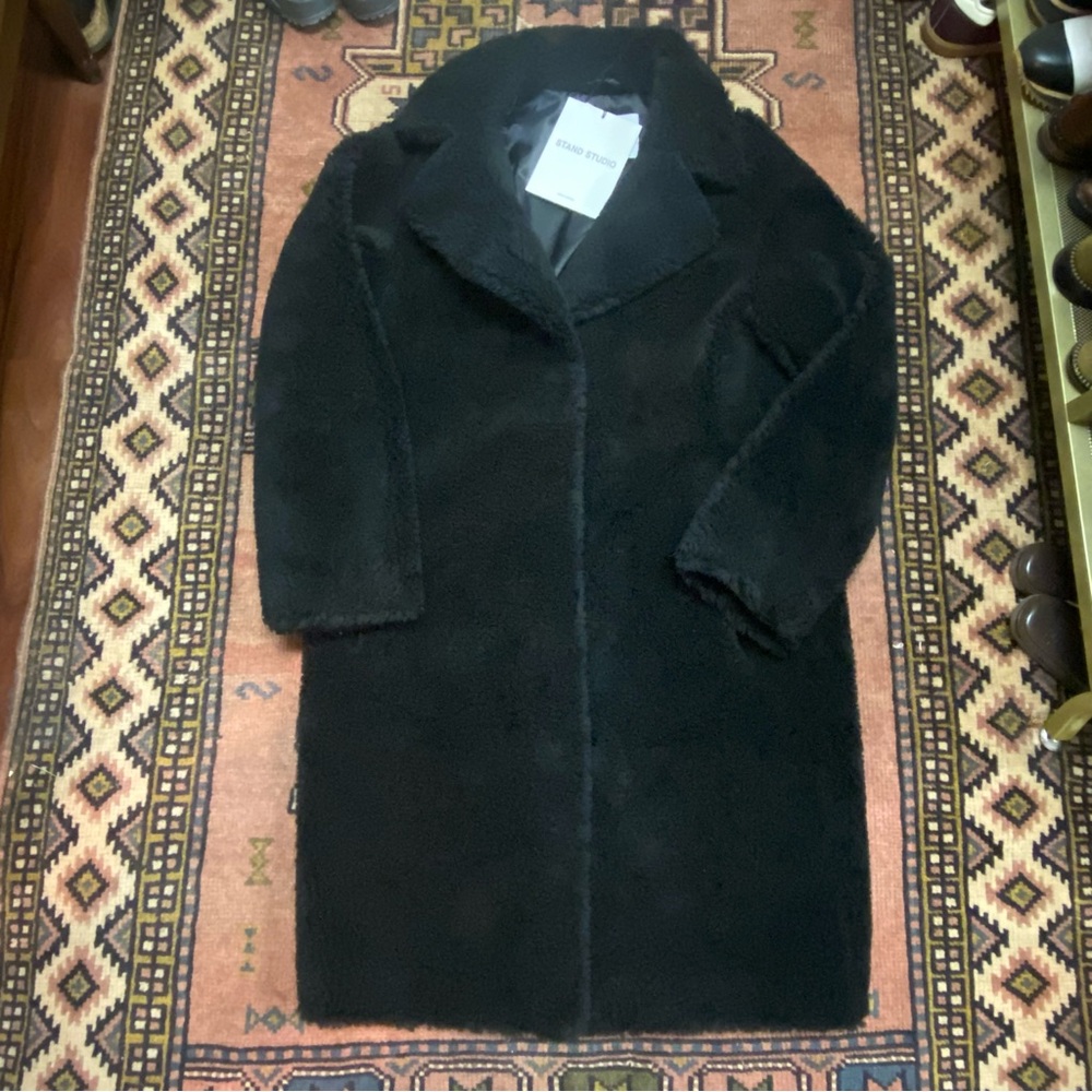Stand Studio Camille Faux-Fur Black Teddy Cocoon Coat